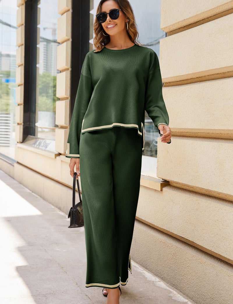 Tanming Women's 2 Piece Outfits Long Sleeve Knit Sweater Top Wide Leg Pants Lounge Sets Tracksuits(ArmyGreen-XL) - Image 3