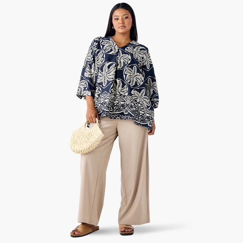 Ulla Popken Plus Size Ulla Popken Printed V-neck Top with 3/4 Sleeves