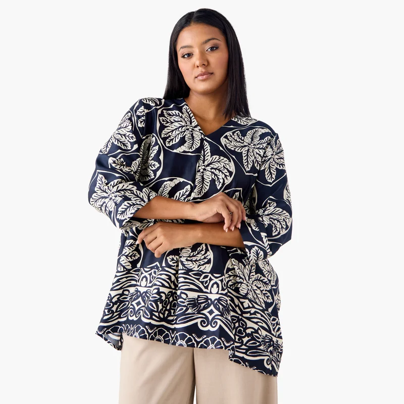 Ulla Popken Plus Size Ulla Popken Printed V-neck Top with 3/4 Sleeves