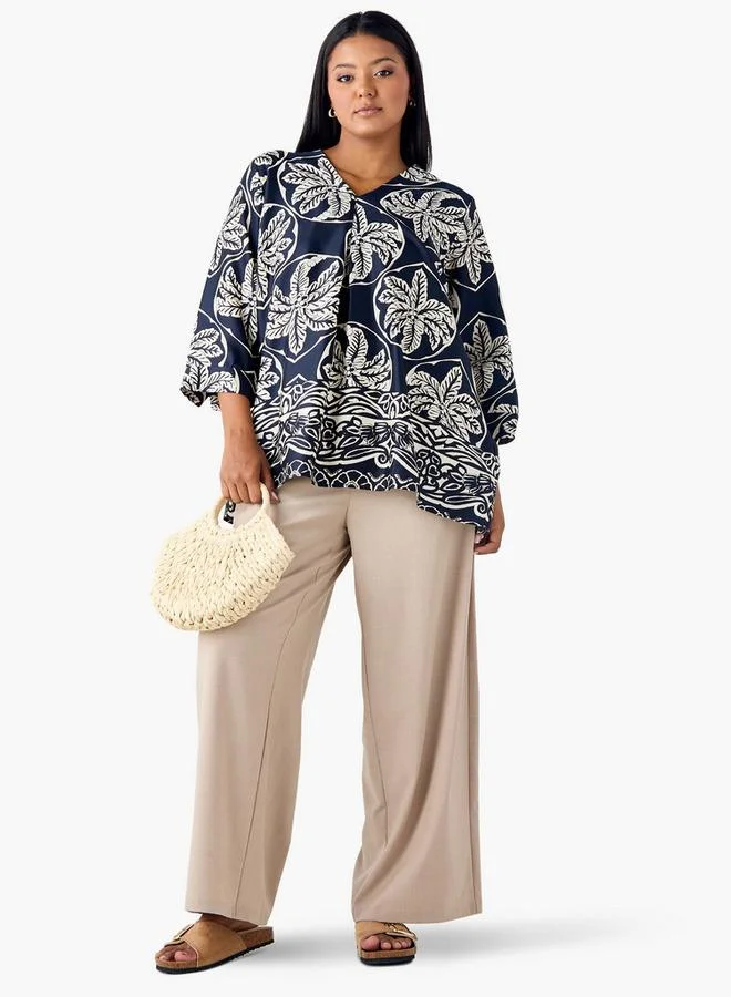 Ulla Popken Plus Size Ulla Popken Printed V-neck Top with 3/4 Sleeves