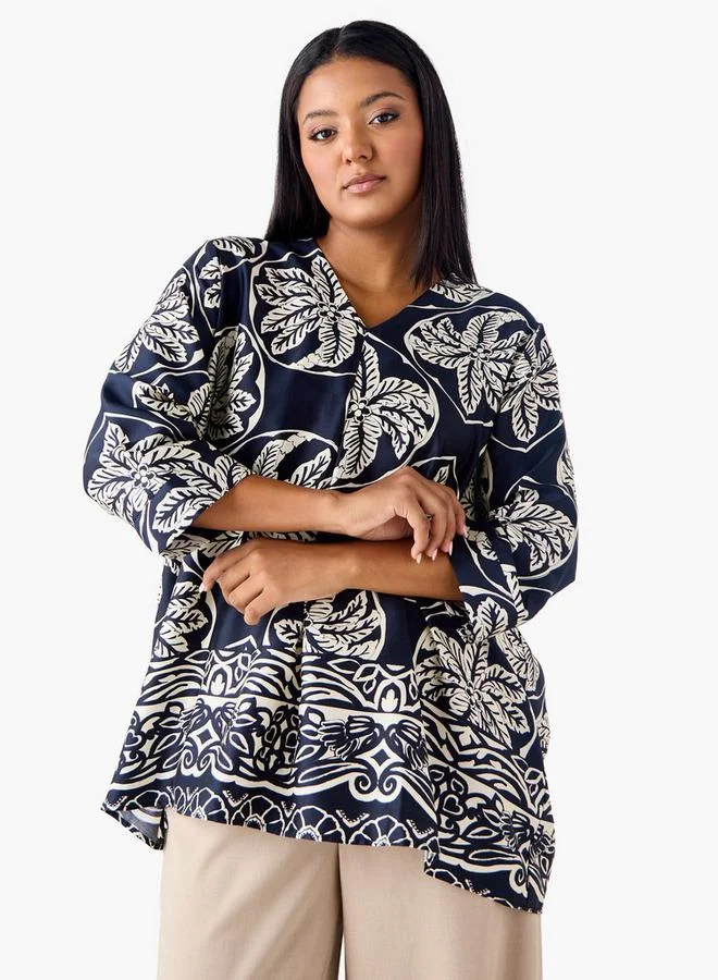 Ulla Popken Plus Size Ulla Popken Printed V-neck Top with 3/4 Sleeves