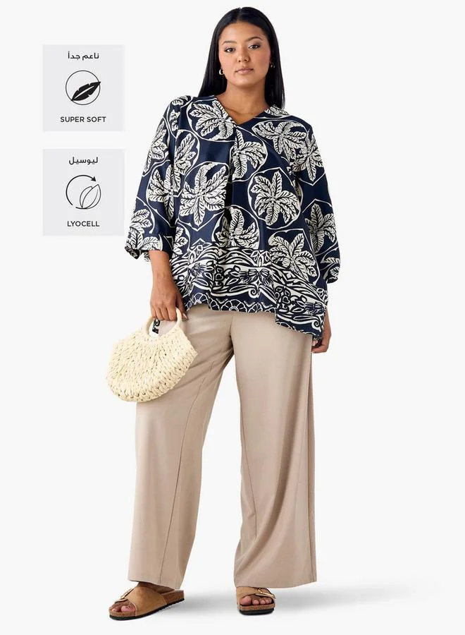 Ulla Popken Plus Size Ulla Popken Printed V-neck Top with 3/4 Sleeves