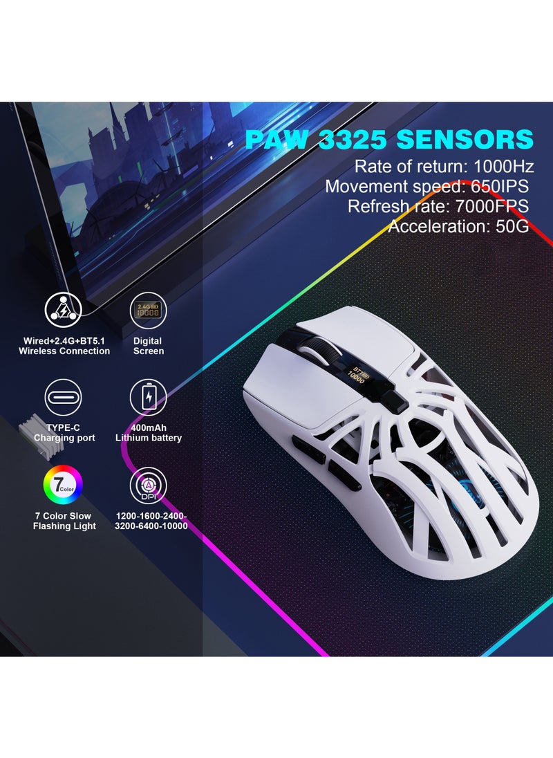Rock Pow - Wireless Gaming Mouse,Tri-Mode Bluetooth/2.4G/Wired Mouse, 6 Buttons with Adjustable 10000 DPI, BT5.1 Rechargeable RGB Backlight Gaming Mice for PC/Mac/Laptop, Power Digital Display Silent Mice - Image 1