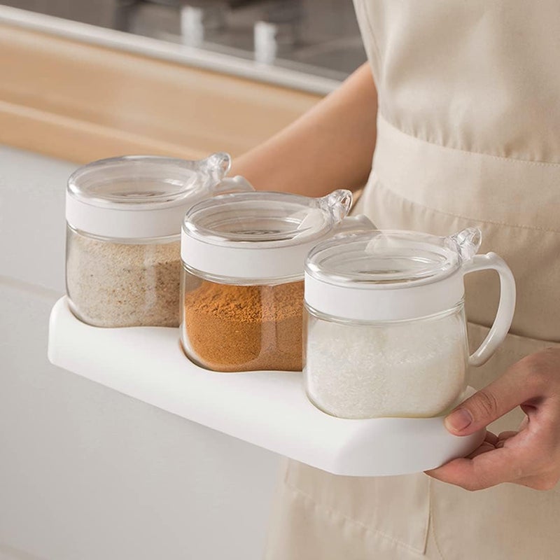 NAN Wind Glass Condiment Spice Jars,12oz/350 ml Condiment Jar Spice Container with Lids and Spoons and Tray,Clear Glass Condiment Canisters,3Pack Seasoning Box Bowl Set for Sugar Pepper,for Kitchen,Counter - Image 4