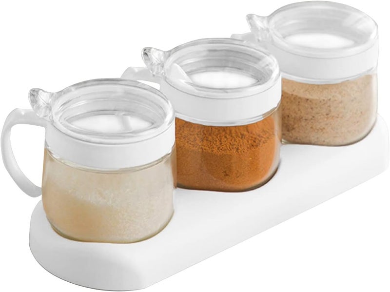 NAN Wind Glass Condiment Spice Jars,12oz/350 ml Condiment Jar Spice Container with Lids and Spoons and Tray,Clear Glass Condiment Canisters,3Pack Seasoning Box Bowl Set for Sugar Pepper,for Kitchen,Counter - Image 1
