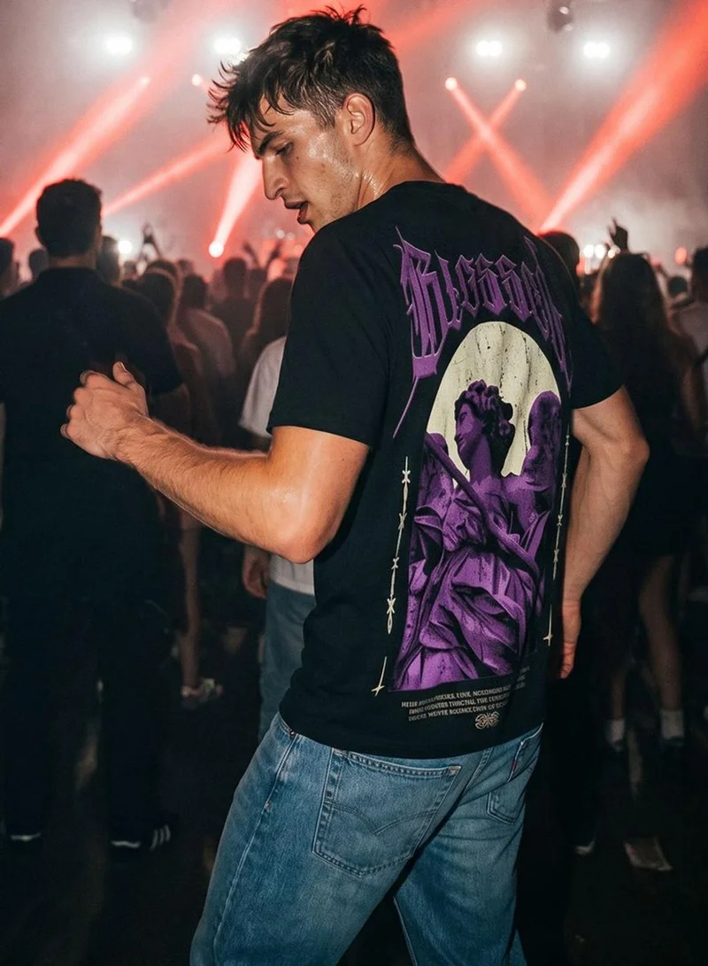 دينيس لينغو Men Black 100% Cotton Printed Regular Fit T-Shirt