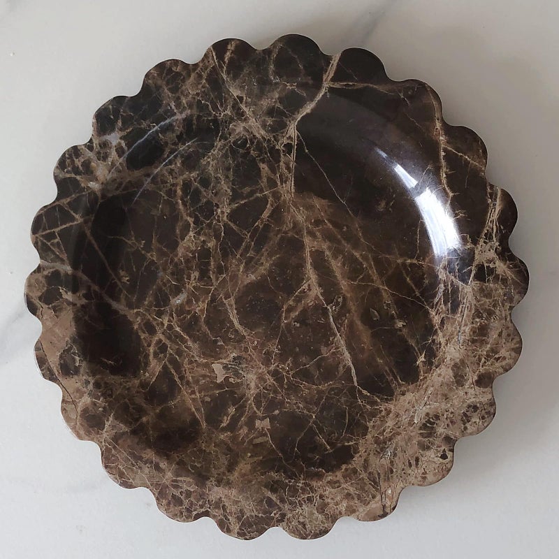 SAIDKOCC Marble Tray Round Scalloped Tray Small Serving Platter for Counter, Bathroom, Kitchen, Nightstand, Jewelry Ring Dish Holder (Coffee Net) - Image 2