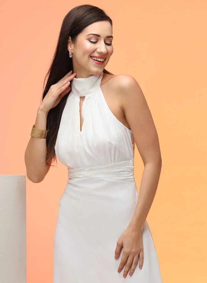 globus White Tie-Up Halter Neck A-Line Maxi Dress