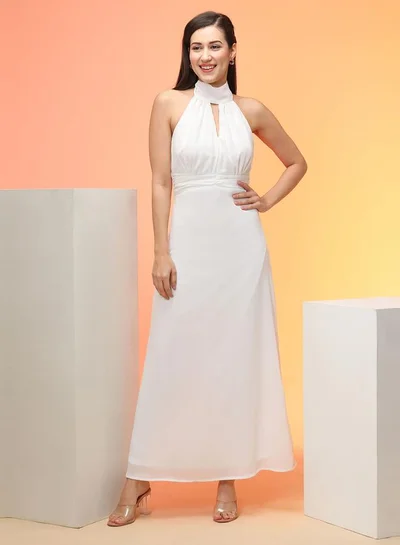 globus White Tie-Up Halter Neck A-Line Maxi Dress