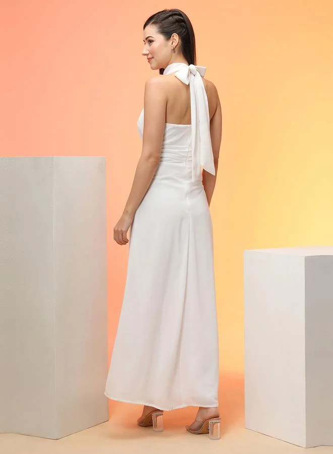 globus White Tie-Up Halter Neck A-Line Maxi Dress