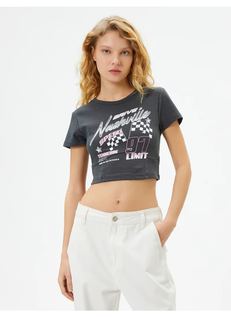 KOTON Crop T-Shirt Slim Fit Short Sleeve Cotton Printed