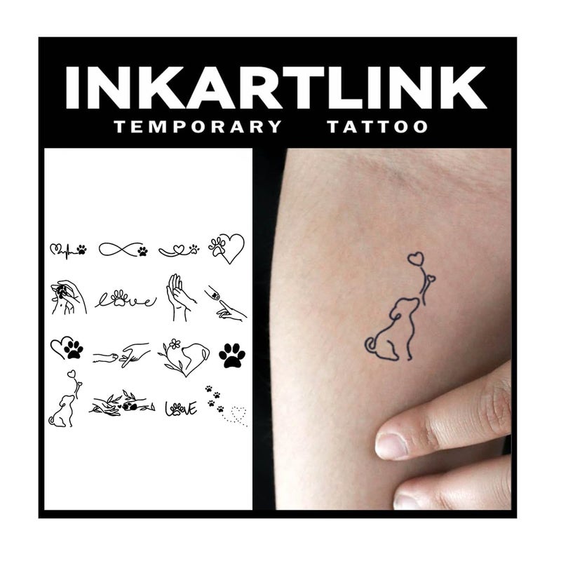INKARTLINK Tattoo Tech, 15 Design/1 Sheet Small Semi Permanent Tattoo, Temporary Tattoos, Last 1-2 Weeks, Waterproof, Realistic Look, No Adhesive, No Reflection (2x3inch Love dogs the most) - Image 1