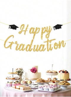 Happy Graduation Banner Decoration in Gold with Graduation Cap Design, One Piece to Add a Special Touch to Your Graduation Party, Size 300cm
