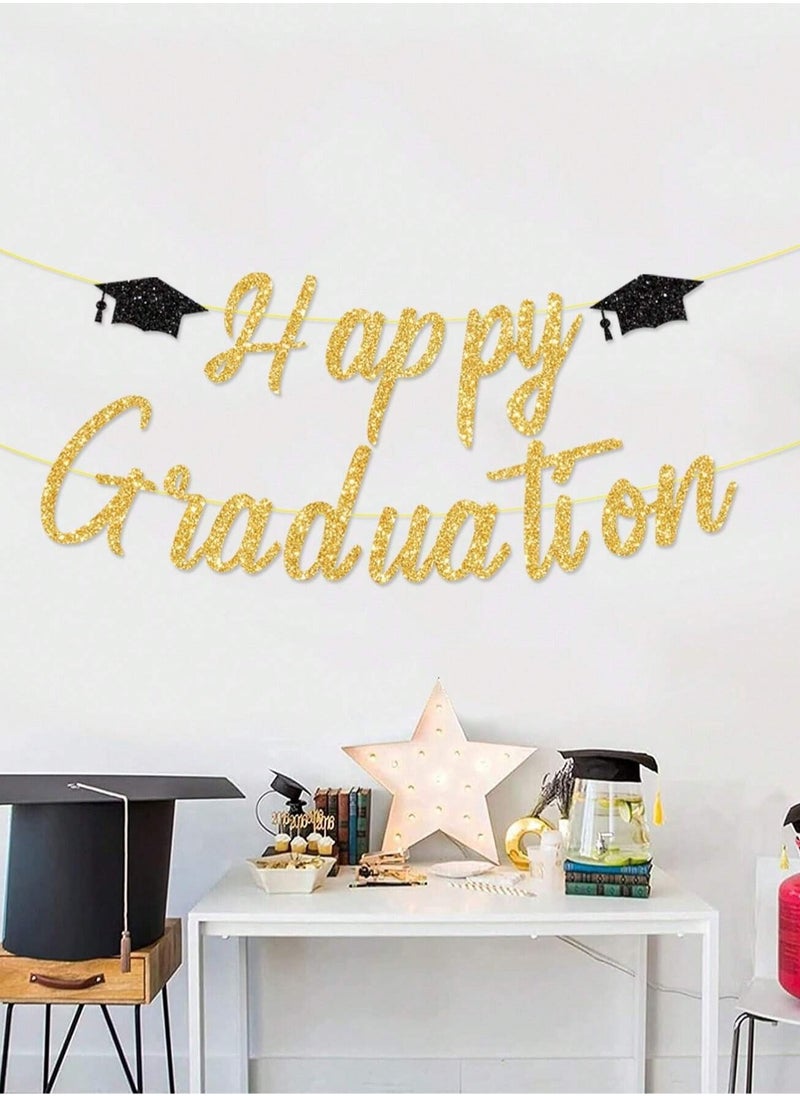 Generic - Happy Graduation Banner Decoration in Gold with Graduation Cap Design, One Piece to Add a Special Touch to Your Graduation Party, Size 300cm - Image 1
