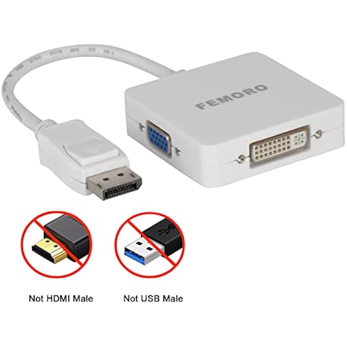 FEMORO DISPLAY PORT TO DVI VGA HDMI ADAPTER 1080P 3-IN-1, DISPLAYPORT DP TO DVI-I HDMI VGA CONVERTER ADAPTOR MALE TO FEMALE - WHITE - Image 2