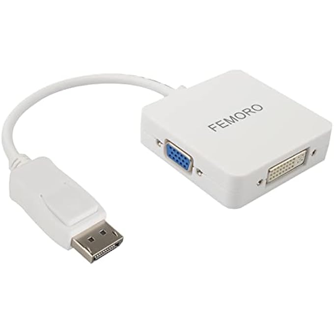 FEMORO DISPLAY PORT TO DVI VGA HDMI ADAPTER 1080P 3-IN-1, DISPLAYPORT DP TO DVI-I HDMI VGA CONVERTER ADAPTOR MALE TO FEMALE - WHITE - Image 1