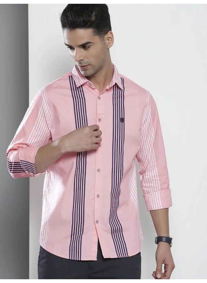 The Indian Garage Co Pink Regular Fit Casual Striped Cutaway Collar Full Sleeves Cotton Shirt