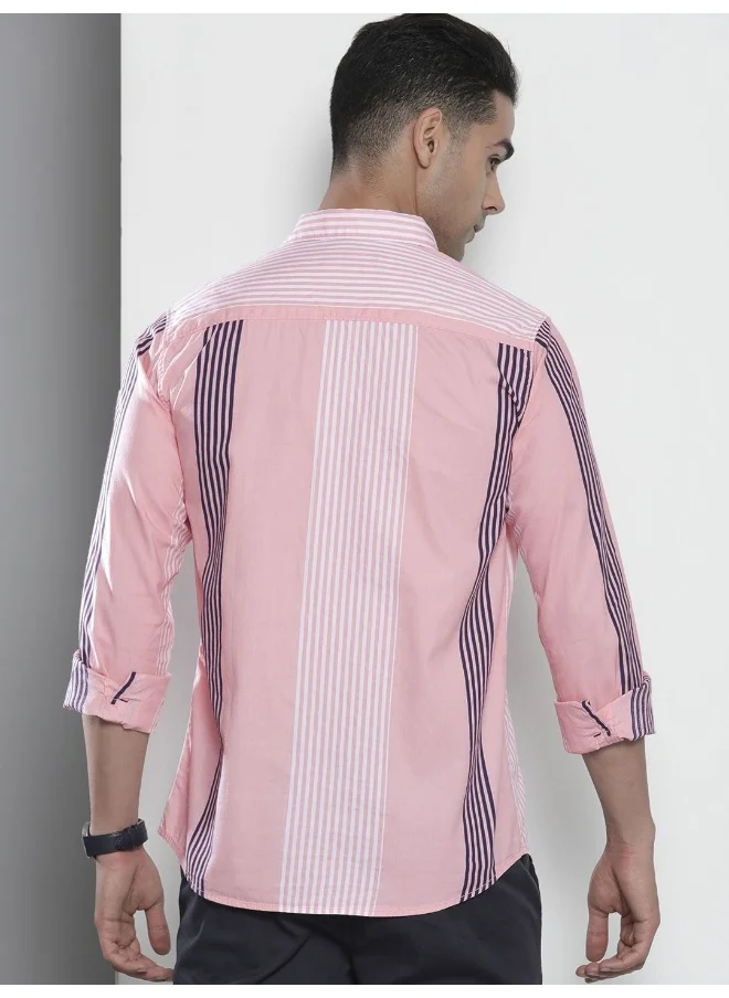 The Indian Garage Co Pink Regular Fit Casual Striped Cutaway Collar Full Sleeves Cotton Shirt