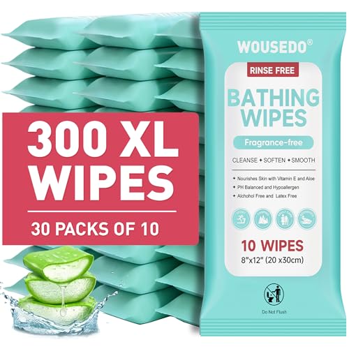 WOUSEDO No Rinse Bathing Wipes for Adults - Extra Thick 8x12 Inch Disposable Shower Wipes, Hypoallergenic Unscented Body Cleansing Cloths for Bed Bath, Hospital, Travel, Camping - 300 Count(30 Packs) - Image 1