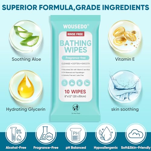 WOUSEDO No Rinse Bathing Wipes for Adults - Extra Thick 8x12 Inch Disposable Shower Wipes, Hypoallergenic Unscented Body Cleansing Cloths for Bed Bath, Hospital, Travel, Camping - 300 Count(30 Packs) - Image 3
