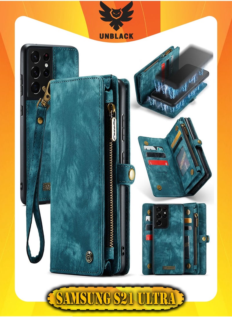 CaseMe Protective Phone Cover Case Wallet Case For Samsung Galaxy S21 Ultra, 2 in 1 Detachable Premium Leather Magnetic Zipper Pouch Wristlet Flip Phone Case (Blue)  - Image 1