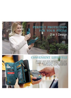 CaseMe Protective Phone Cover Case Wallet Case For Samsung Galaxy S21 Ultra, 2 in 1 Detachable Premium Leather Magnetic Zipper Pouch Wristlet Flip Phone Case (Blue)  - Image 3