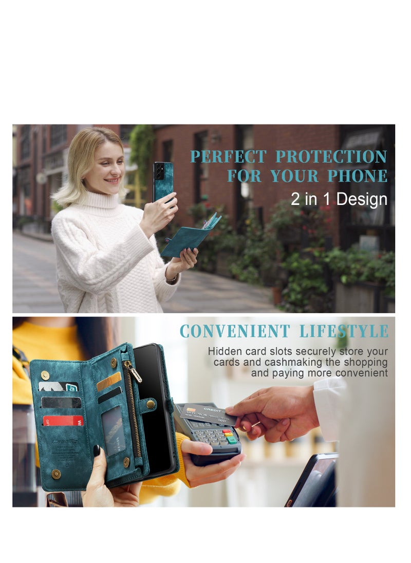 CaseMe Protective Phone Cover Case Wallet Case For Samsung Galaxy S21 Ultra, 2 in 1 Detachable Premium Leather Magnetic Zipper Pouch Wristlet Flip Phone Case (Blue)  - Image 3