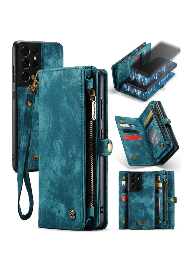 CaseMe Protective Phone Cover Case Wallet Case For Samsung Galaxy S21 Ultra, 2 in 1 Detachable Premium Leather Magnetic Zipper Pouch Wristlet Flip Phone Case (Blue)  - Image 2