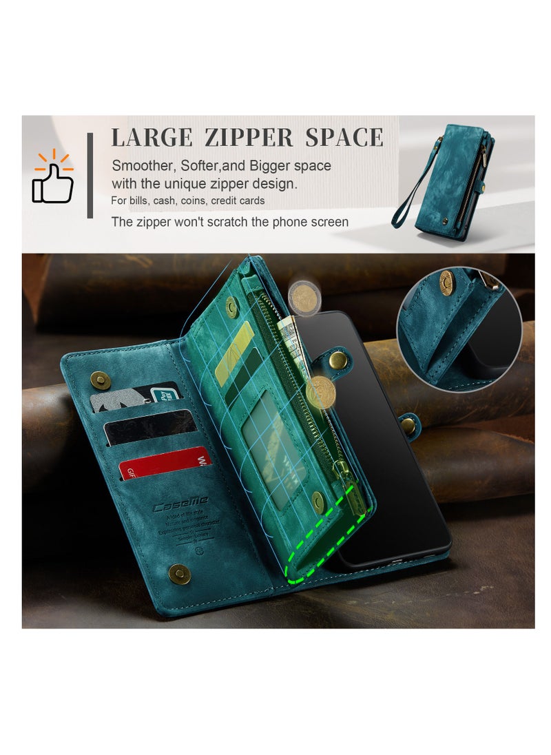CaseMe Protective Phone Cover Case Wallet Case For Samsung Galaxy S21 Ultra, 2 in 1 Detachable Premium Leather Magnetic Zipper Pouch Wristlet Flip Phone Case (Blue)  - Image 5