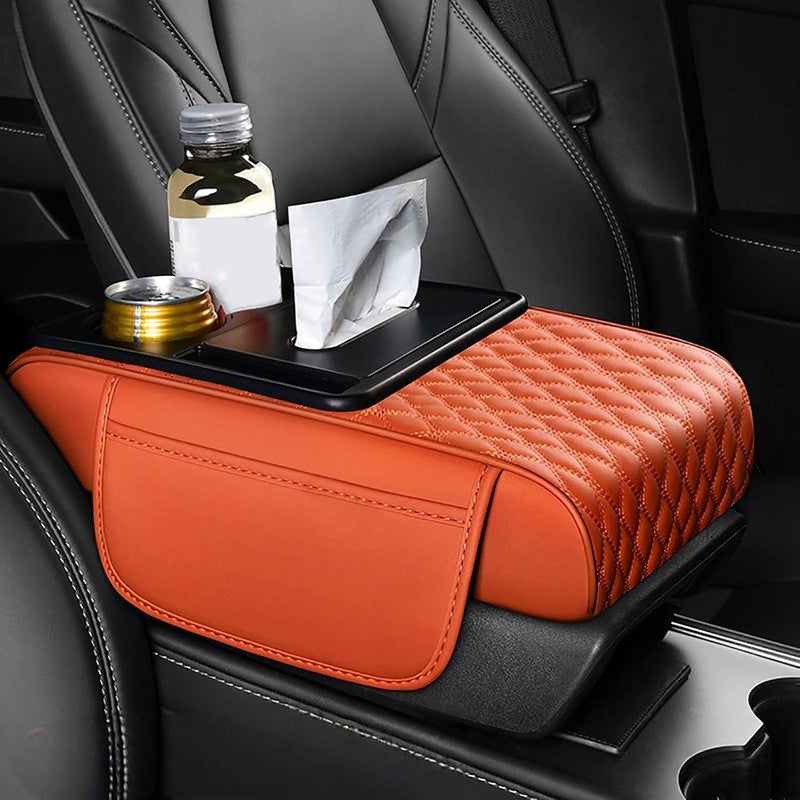 LINGYUE Car Armrest Cushion for Megane 4 Phase 2 Sport Tourer(2020-2024),Thicken Height Pad Arm Rest Cushion with Pocket Tissue Cup Holder Memory Cotton,Orange - Image 1