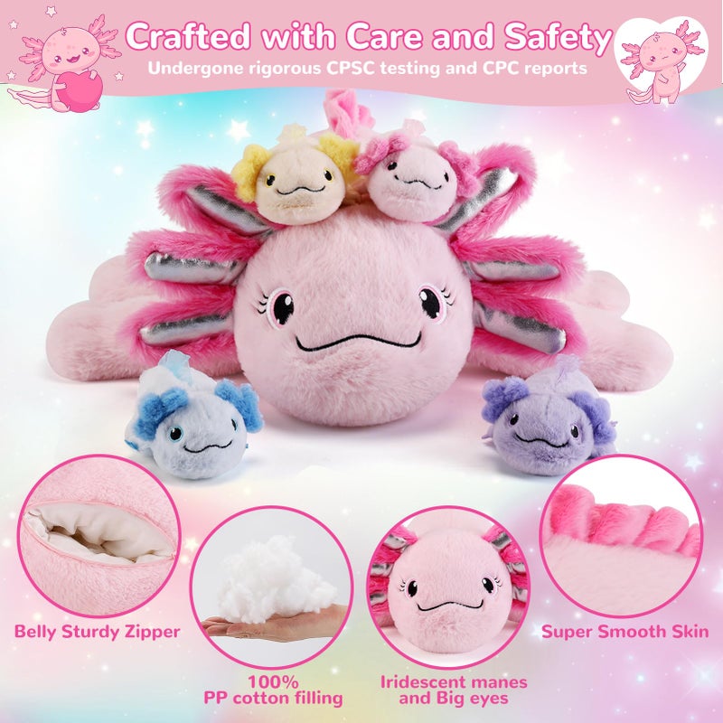 gnomantic 5 Pieces Axolotl Stuffed Animals with Babies Inside Belly - 1 Mommy Stuffed Axolotl with 4 Babies - Pink Axolotls Plush Toy for Kid Age 3-8, Gift Ideal for Christmas, Valentine's, Birthday - Image 4