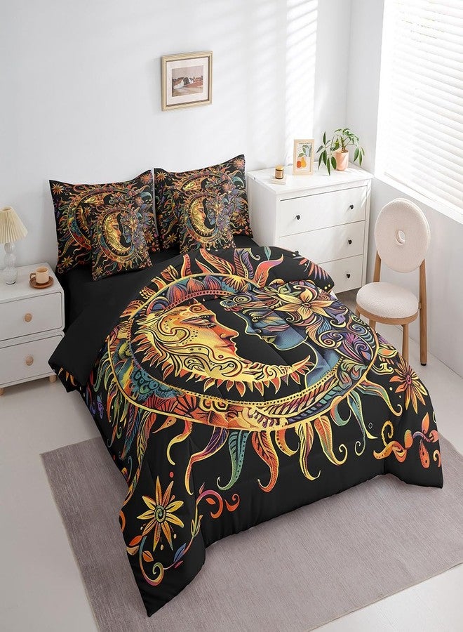 Feelyou Sun and Moon Comforter Set Queen Size 7 Pieces Comforters Bohemian Occult Bedding Set Cosmic Planets Sun Face Bed Set Bed in a Bag with Comforter, Sheets, Pillowcases & Cushion Covers - Image 2