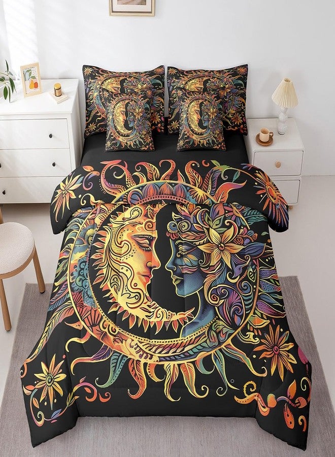 Feelyou Sun and Moon Comforter Set Queen Size 7 Pieces Comforters Bohemian Occult Bedding Set Cosmic Planets Sun Face Bed Set Bed in a Bag with Comforter, Sheets, Pillowcases & Cushion Covers - Image 3