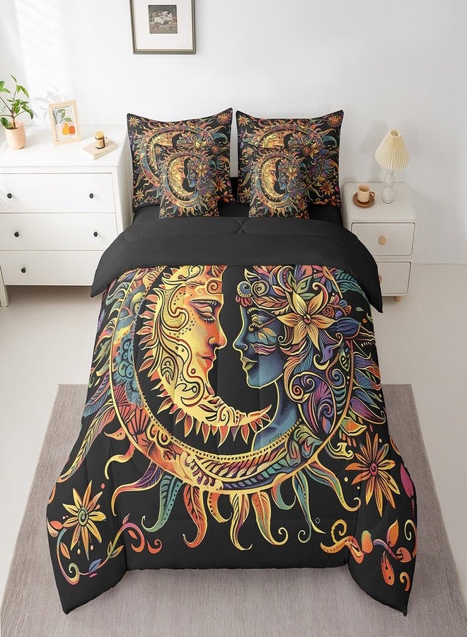 Feelyou Sun and Moon Comforter Set Queen Size 7 Pieces Comforters Bohemian Occult Bedding Set Cosmic Planets Sun Face Bed Set Bed in a Bag with Comforter, Sheets, Pillowcases & Cushion Covers - Image 1
