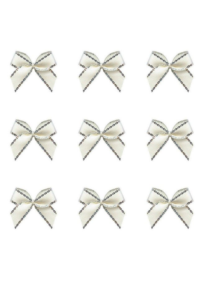 Aysekone - 100 Pieces Mini Metallic Edge Satin Bowknot Flowers Diy Craft Ribbon Bow Appliques For Sewing,Scrapbooking,Wedding And Decoration (Silver Metallic Edge - Creamy White) - Image 1