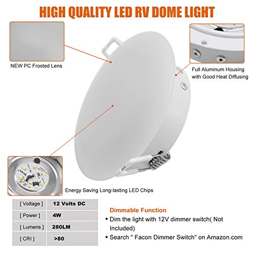 Facon 4.5Inch LED 12V RV Puck Light, RVR4H-MH40, Full Aluminum Recessed Mount Down Light, 12Volts Interior Light for RV Motor-Homes Camper Caravan Trailer Boat (4000K Cool White Light) - Image 3