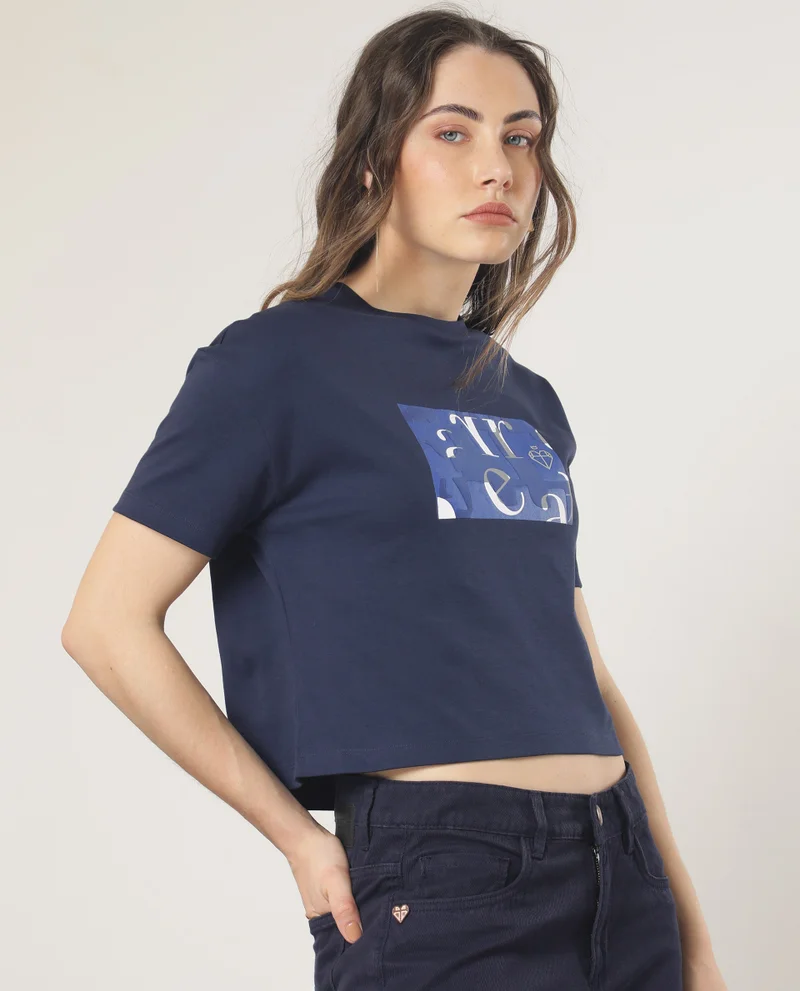 Rareism Women's Edgy Chic Boxy Drop Shoulder Crop Tee