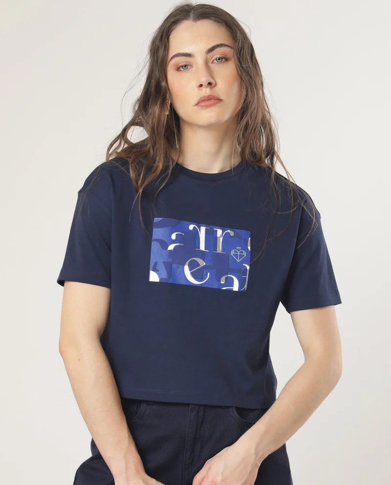 Rareism Women's Edgy Chic Boxy Drop Shoulder Crop Tee