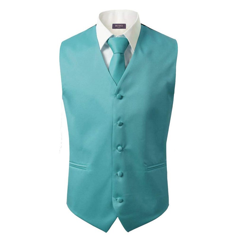 SUGO Bravo Men's Formal Slim Fit 3 Pcs Vest + Necktie + Hankie 5 Button Premium Classic Skinny Fashion Casual Dress Suit Tuxedo Graduation Wedding Business Waistcoat Hanky Coat (XXXX-Large, Turquoise) - Image 5