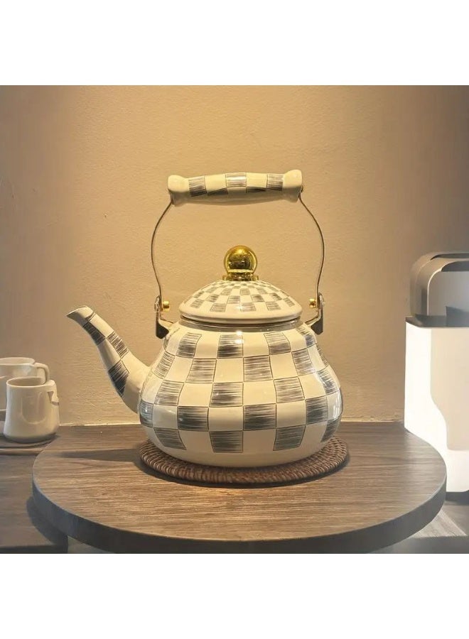 A very elegant Turkish-style metal teapot with a checkered pattern, perfect for serving at the table. It has a gilded metal handle, an olive-green ceramic knob, and heat insulation. - Image 1