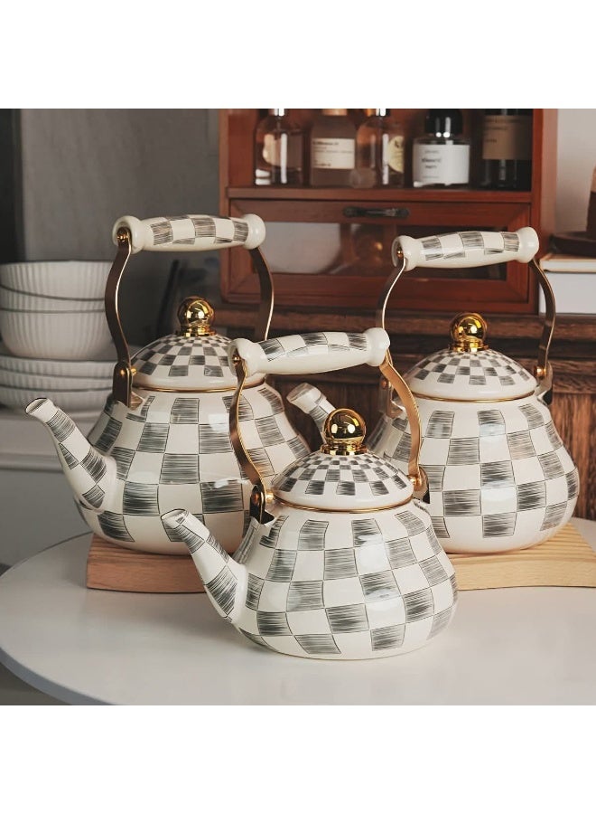 A very elegant Turkish-style metal teapot with a checkered pattern, perfect for serving at the table. It has a gilded metal handle, an olive-green ceramic knob, and heat insulation. - Image 5