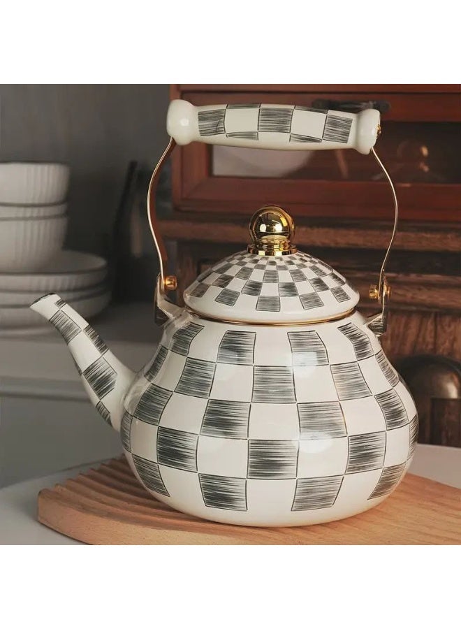 A very elegant Turkish-style metal teapot with a checkered pattern, perfect for serving at the table. It has a gilded metal handle, an olive-green ceramic knob, and heat insulation. - Image 2