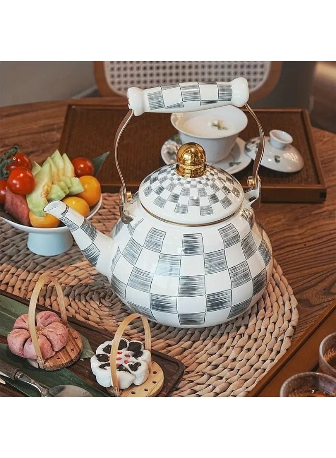 A very elegant Turkish-style metal teapot with a checkered pattern, perfect for serving at the table. It has a gilded metal handle, an olive-green ceramic knob, and heat insulation. - Image 4
