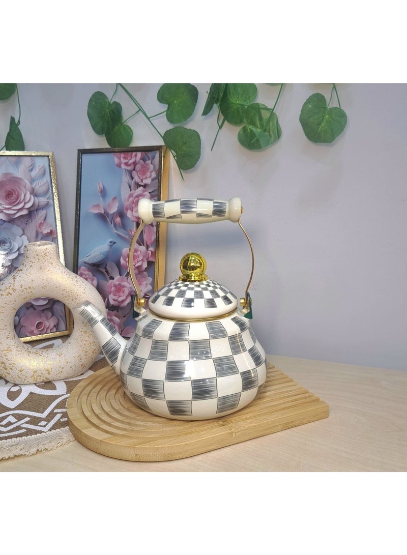 A very elegant Turkish-style metal teapot with a checkered pattern, perfect for serving at the table. It has a gilded metal handle, an olive-green ceramic knob, and heat insulation. - Image 3