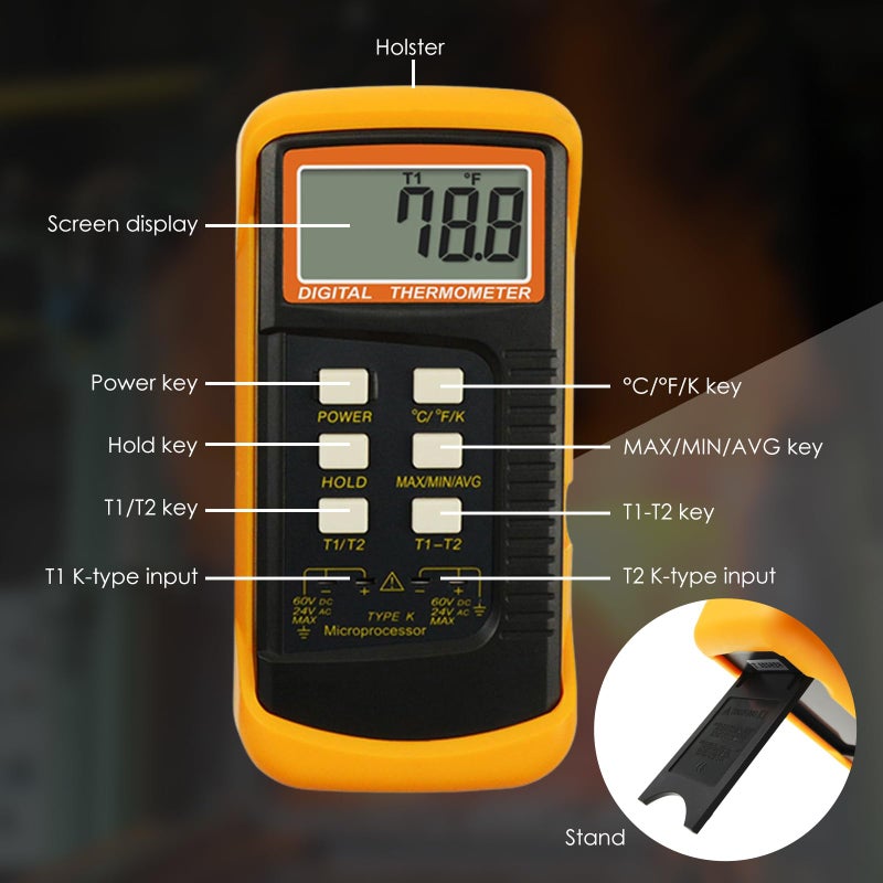 GAIN EXPRESS Thermocouple Thermometer Digital K Type Thermometer HVAC Thermometer Dual Temperature Meter with 4 Thermocouples, MAX/MIN/AVG Temperature Measurement, -50~1300°C (-58~2372°F)  - Image 5