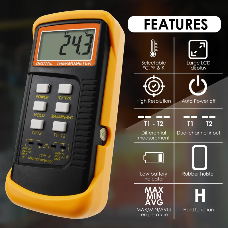 GAIN EXPRESS Thermocouple Thermometer Digital K Type Thermometer HVAC Thermometer Dual Temperature Meter with 4 Thermocouples, MAX/MIN/AVG Temperature Measurement, -50~1300°C (-58~2372°F)  - Image 2