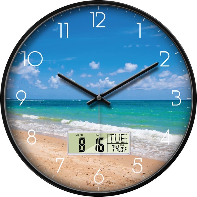 MODERN WALL CLOCKS WITH CALENDAR AND DATE OCEAN WAVE SEA BEACH DIGITAL CLOCK LARGE DISPLAY NONTICKING KITCHEN SILENT CLOCK WITH DAY AND TEMPERATURE FOR ELDERLY FARMHOUSE LIVING ROOM BATHROOM 14 INCH