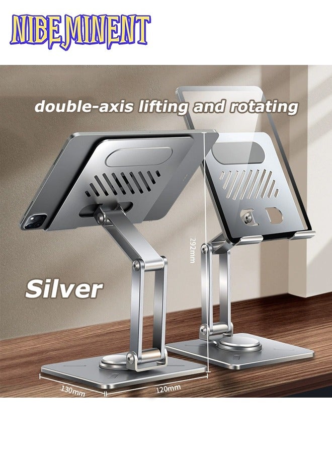 NIBEMINENT Foldable Tabletop Tablet Stand, Adjustable iPad Stand with 360° Swivel Base, Aluminum Alloy Tablet Stand, A Versatile Folding Phone Stand, Universal Compatible with 4.7"-13" Devices Silver - Image 1