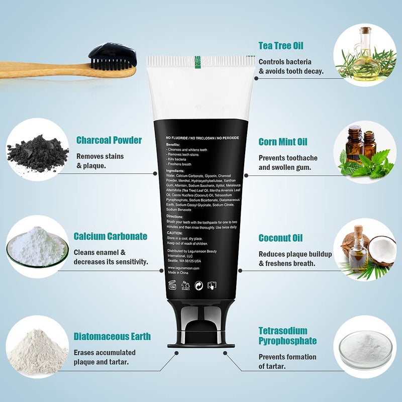 Lagunamoon Whitening Charcoal Toothpaste for Sensitive Teeth, Enamel Repair, Cavity Protection - Natural Toothpaste for Whitening, Removing Stains, Mint Flavor Freshen Breath Mint Gel - No Peroxide - Image 2