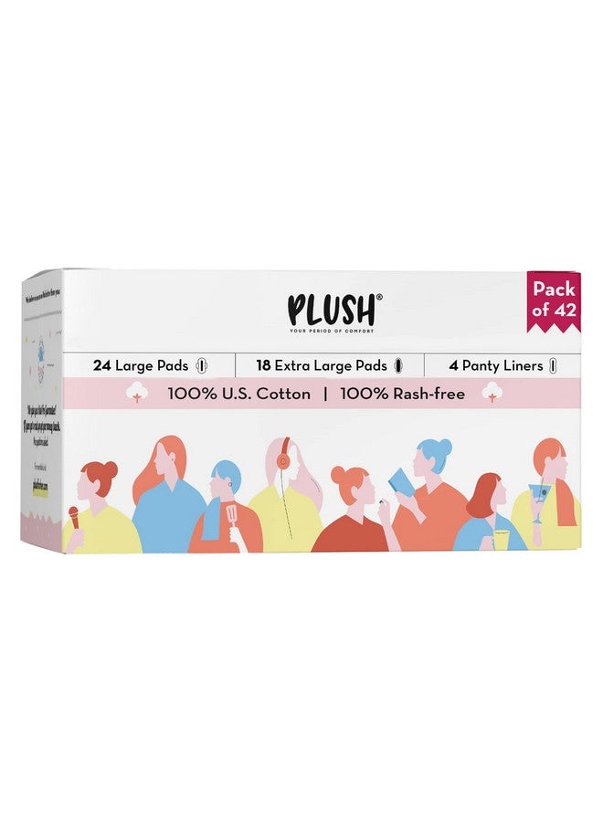 Plush Ultra-Thin Sanitary Pads For Women, 42 Pcs | Super Saver Pack | 24 L (Light Flow), 18 Xl (Medium Flow), 4 Panty Liners | 100% Rash-Free | Pure U.S. Cotton Pads | Affordable Sanitary Napkins - Image 1